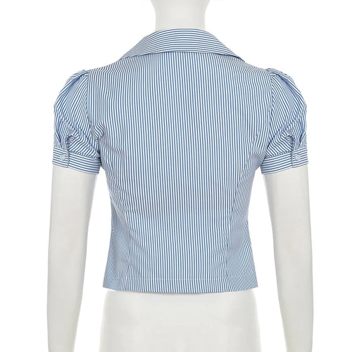 Load image into Gallery viewer, Casual Blue Striped Square Neck Slimming Shirts Women‘s Puff Short Sleeve With Breasted Blouse Summer All Match Tops
