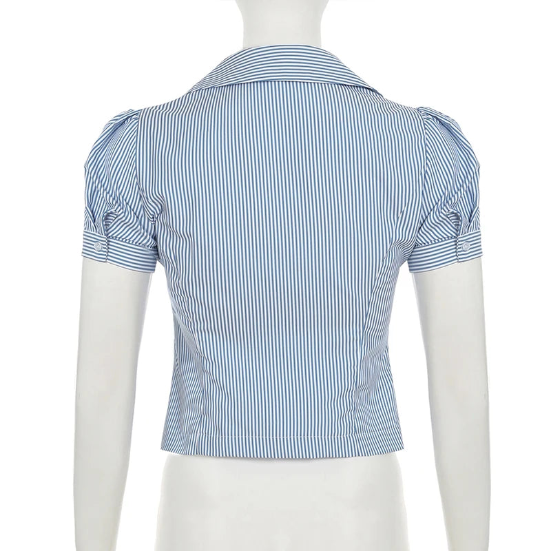 Casual Blue Striped Square Neck Slimming Shirts Women‘s Puff Short Sleeve With Breasted Blouse Summer All Match Tops