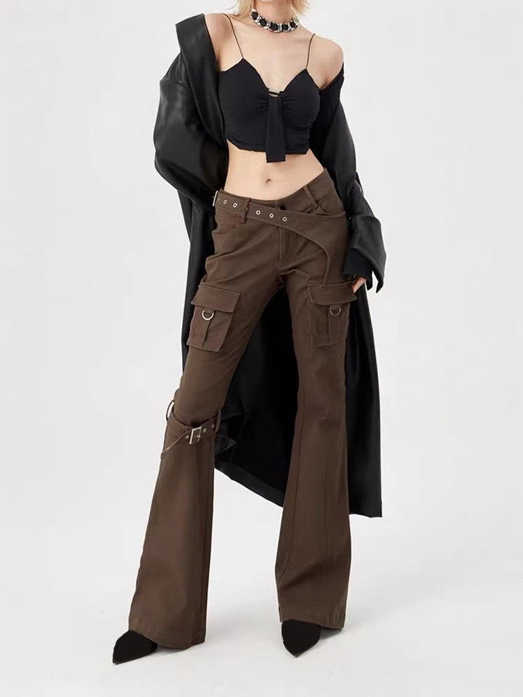 Solid Patchwork Pockets Slimming Flare Pants For Women High Waist Spliced Button Safari Style Pant Female Fashion