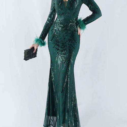 Load image into Gallery viewer, Solid Spliced Feather Slimming Dresses For Women V Neck Long Sleeve High Waist Temperament Dress Female Fashion New
