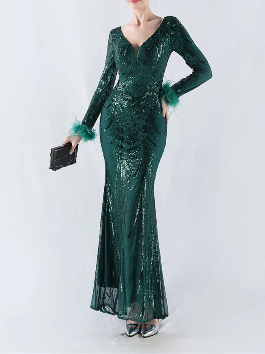 Solid Spliced Feather Slimming Dresses For Women V Neck Long Sleeve High Waist Temperament Dress Female Fashion New