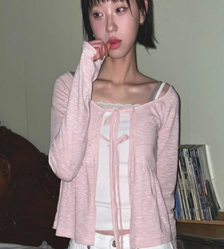 Korean Women Bandage Bow Cardigans Vintage Fairy Y2k Aesthetic Striped Coat Streetwear Fashion Casual Chic Fairy Cardigan Femme