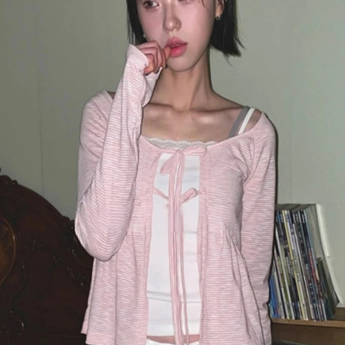 Load image into Gallery viewer, Korean Women Bandage Bow Cardigans Vintage Fairy Y2k Aesthetic Striped Coat Streetwear Fashion Casual Chic Fairy Cardigan Femme
