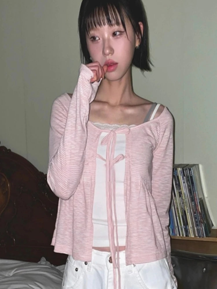 Korean Women Bandage Bow Cardigans Vintage Fairy Y2k Aesthetic Striped Coat Streetwear Fashion Casual Chic Fairy Cardigan Femme