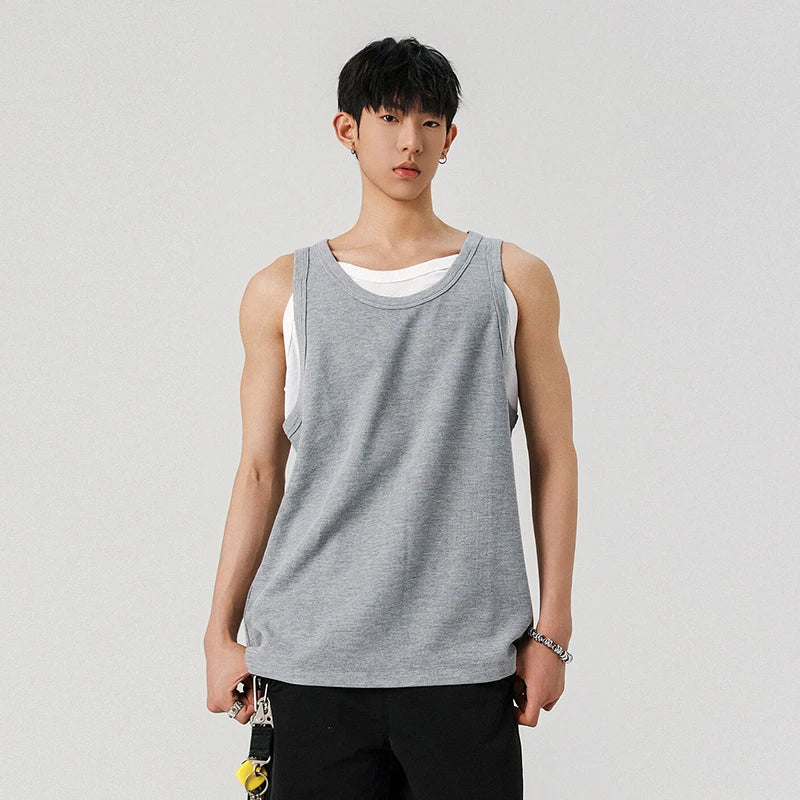 Men's Vest Fake Two Pieces Sleeveless T-shirt Solid Color Pullover T-shirts Casual Men Top Summer Trend 2025 9W1298