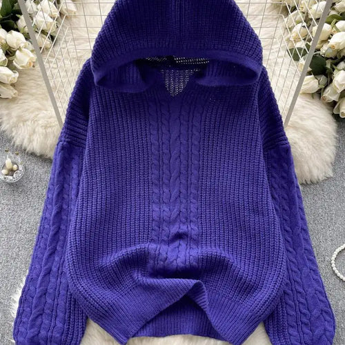 Load image into Gallery viewer, Korean Women Black Twists Hooded Knitted Sweater Fashion Blue Loose Long Sleeve Lady Green Pullovers Tops Casual Autumn Winter

