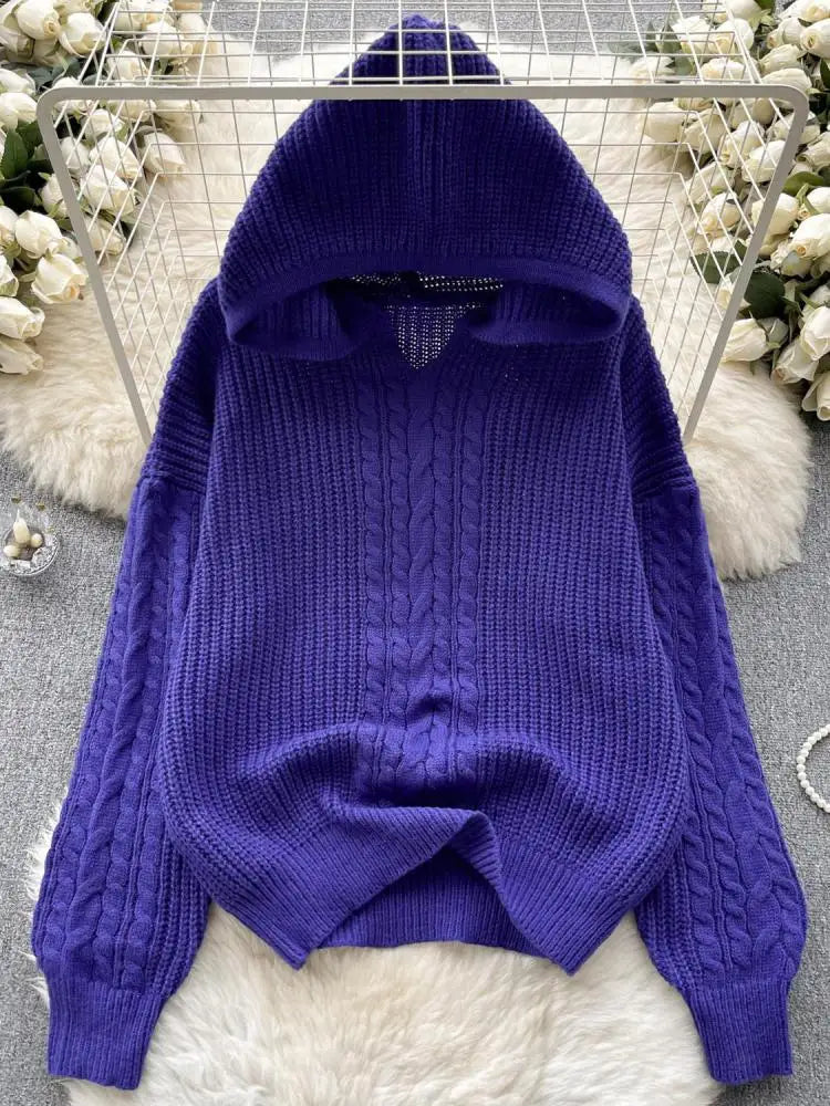 Korean Women Black Twists Hooded Knitted Sweater Fashion Blue Loose Long Sleeve Lady Green Pullovers Tops Casual Autumn Winter
