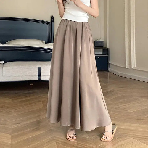 Load image into Gallery viewer, Spring Summer Women Black Beige Pleated Long Skirts Vintage Brown Elastic High Waist Vacation A-line Skirt Simplicity Streetwear
