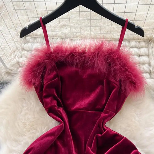 Load image into Gallery viewer, French Red Sexy Elegant Hairy Patchwork Velvet Slip Dress Spring Summer Vintage Black Evening Party Club Midi Dress Women Simple
