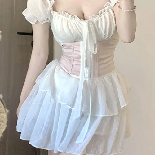 Load image into Gallery viewer, Fairy Princess Mesh White Dress Y2k Soft Girls Sweet Elegant Wrap Mini Short Dresses Fashion Summer Sundress
