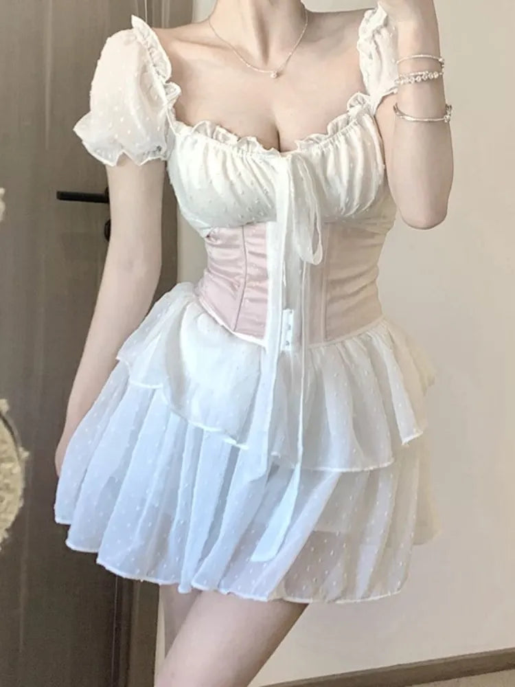 Fairy Princess Mesh White Dress Y2k Soft Girls Sweet Elegant Wrap Mini Short Dresses Fashion Summer Sundress