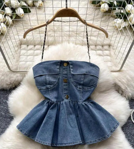 Women Blue Gray Sexy Club Vacation Denim Slim Short Halter Tops Summer Black Backless Ruffle Edge Party Jean Vest Streetwear New