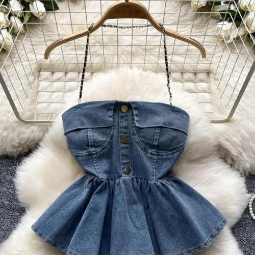 Load image into Gallery viewer, Women Blue Gray Sexy Club Vacation Denim Slim Short Halter Tops Summer Black Backless Ruffle Edge Party Jean Vest Streetwear New
