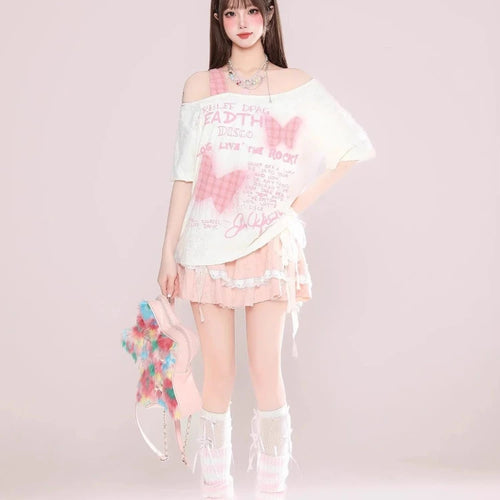 Load image into Gallery viewer, Skew Collar Off Shoulder Plaid Patchwork T Shirts Women Summer Butterfly Printing T-skirt Harajuku Casual Grunge Drawstring Tops

