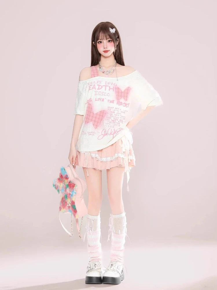 Skew Collar Off Shoulder Plaid Patchwork T Shirts Women Summer Butterfly Printing T-skirt Harajuku Casual Grunge Drawstring Tops