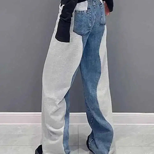 Load image into Gallery viewer, High Elastic Waist Black Color-block Denim Long Wide Leg Pants New Trousers Women Fashion Tide Spring Autumn 2025 1DH4642
