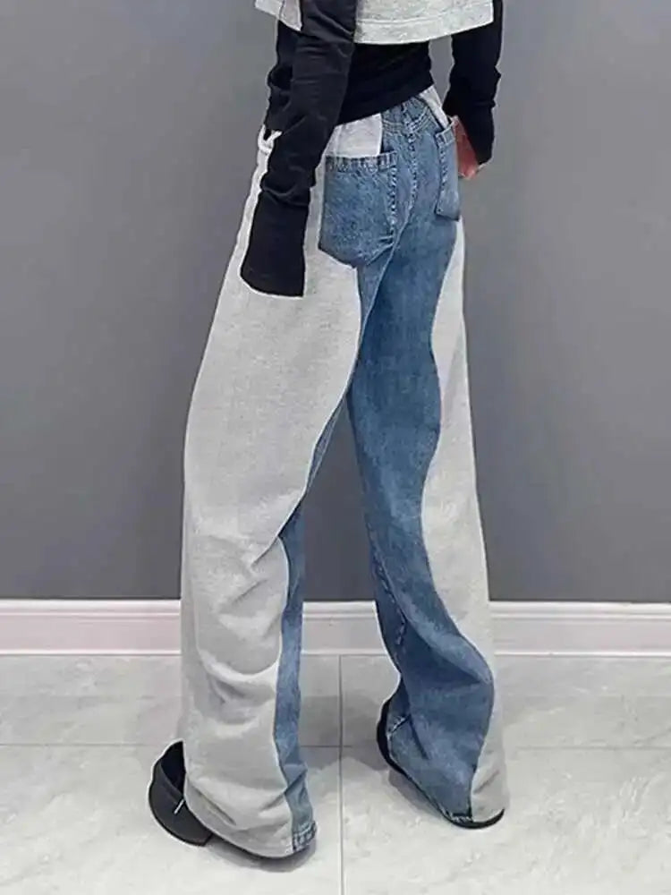 High Elastic Waist Black Color-block Denim Long Wide Leg Pants New Trousers Women Fashion Tide Spring Autumn 2025 1DH4642