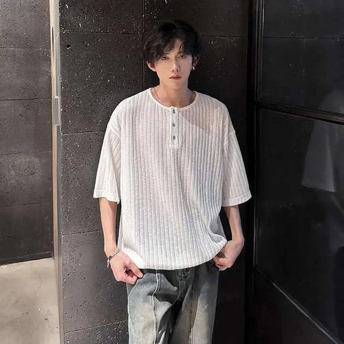 Load image into Gallery viewer, Men's T-shirts New Summer Niche Design Round Collar Short Sleeved Buttom Design Pullover Striped Trendy Male Tops 9W1915
