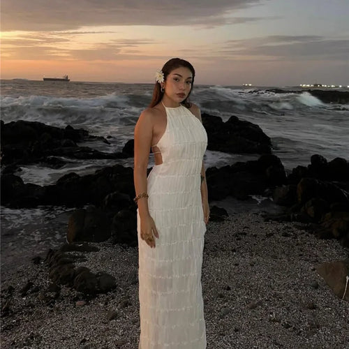 Load image into Gallery viewer, Halter Backless Sexy Maxi Dress For Women Spring Summer New Lace-up Sleeveless Pleated Beach Holiday Long Dress Elegant
