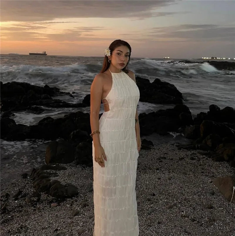 Halter Backless Sexy Maxi Dress For Women Spring Summer New Lace-up Sleeveless Pleated Beach Holiday Long Dress Elegant
