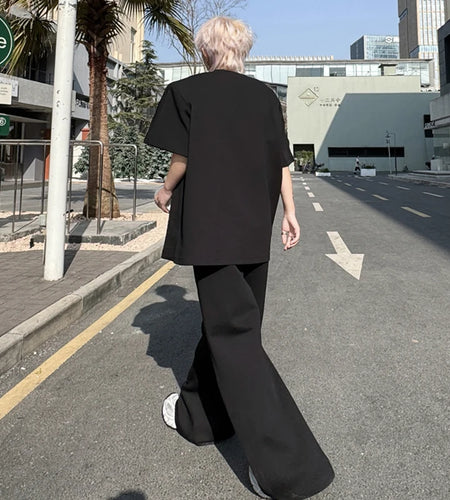 Men's Pants Set New  Summer Solid Color Splicing Short Sleeve Sweatshirt Straight Leg Trendy  Casual Pants Menwear 9W1797