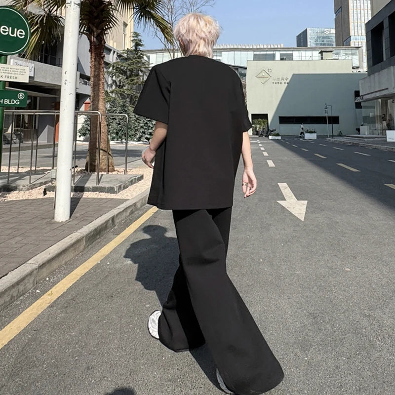 Men's Pants Set New  Summer Solid Color Splicing Short Sleeve Sweatshirt Straight Leg Trendy  Casual Pants Menwear 9W1797