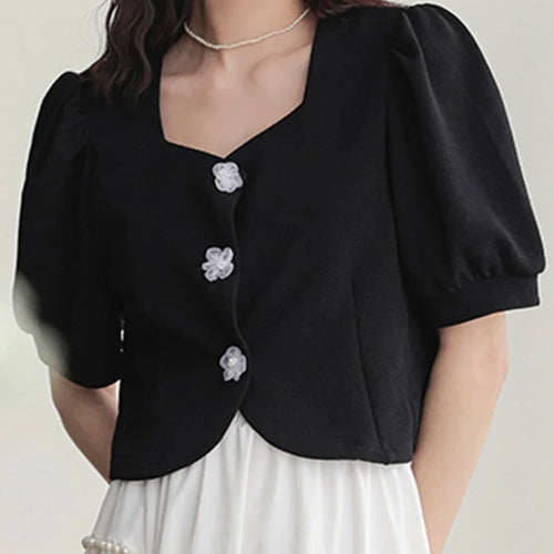 Load image into Gallery viewer, French Style Black Elegant Female Shirts New Summer Square Neck Puff Sleeve Pure Color Chic Buttons Casual Women Shirt
