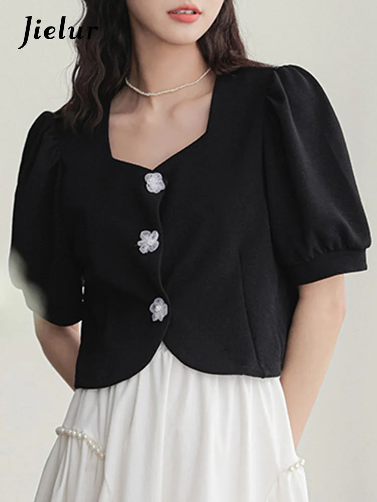 French Style Black Elegant Female Shirts New Summer Square Neck Puff Sleeve Pure Color Chic Buttons Casual Women Shirt