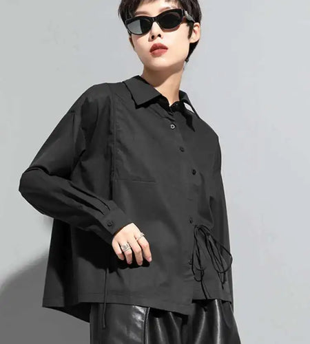 Women Black Bandage Big Size Long Blouse New Lapel Long Sleeve Loose Fit Shirt Fashion Tide Spring Autumn 2025  1DF1659