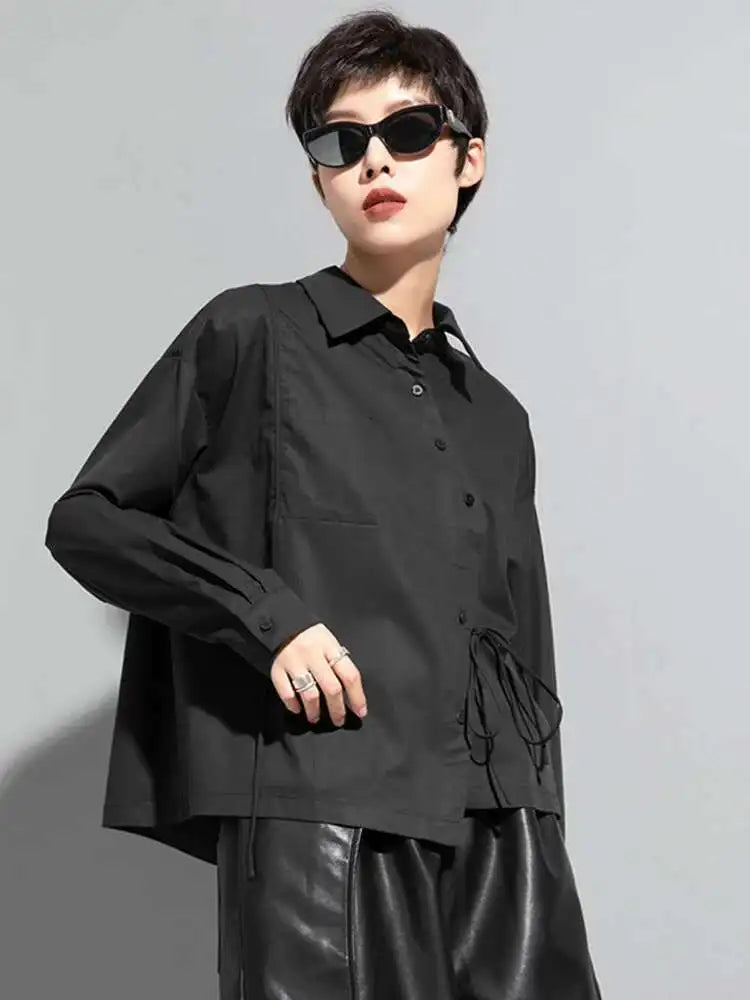 Women Black Bandage Big Size Long Blouse New Lapel Long Sleeve Loose Fit Shirt Fashion Tide Spring Autumn 2025  1DF1659