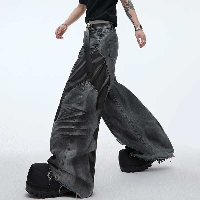 Niche Deign Male Denim Pants PU Leather Patchwork Worn-out Vintage Bottom Straight Wide Leg Male Jeans Summer 24Y155