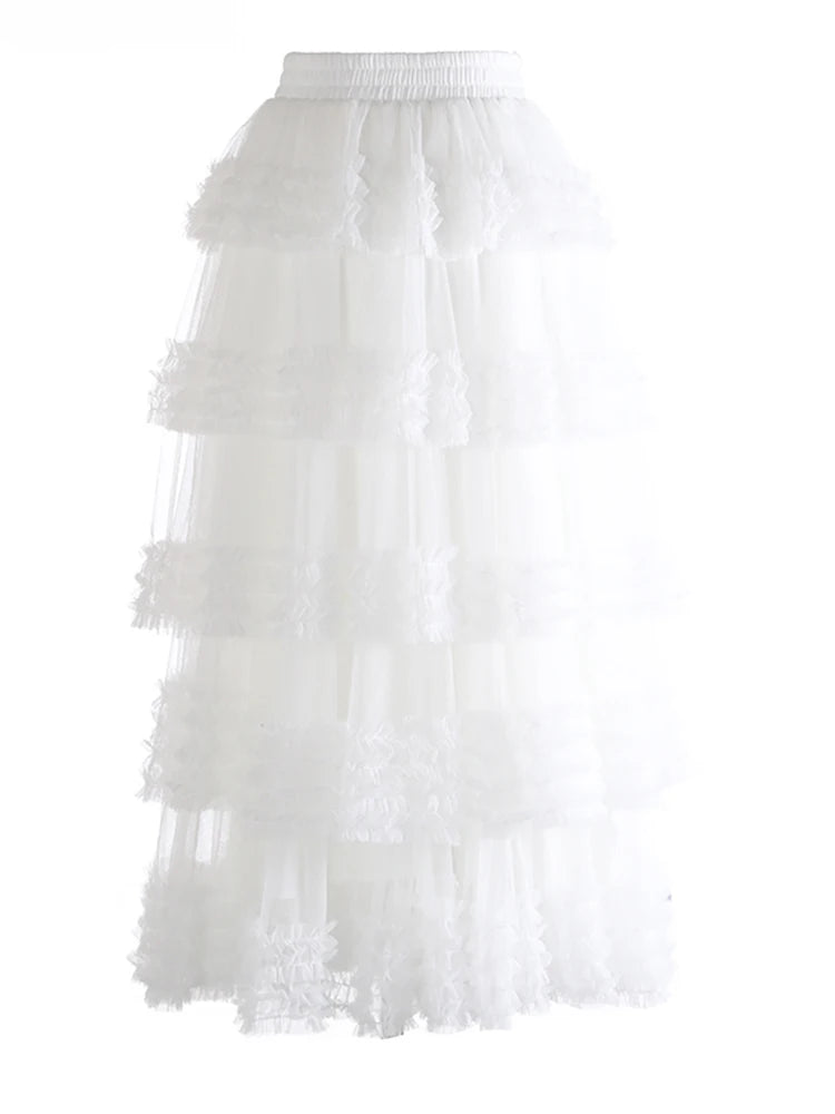 High Elastic Waist Rose Red Mesh Layers Elegant Ball Gown Half-body Skirt Women Fashion New Spring Autumn 2025 1DJ1272