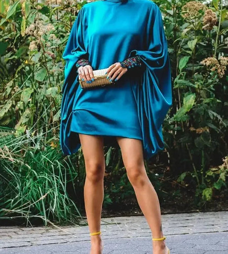 Elegant Evening Dress for Women 2025 Blue Turtleneck Long Batwing Sleeve Loose Fit Above Knee Women Party Dresses