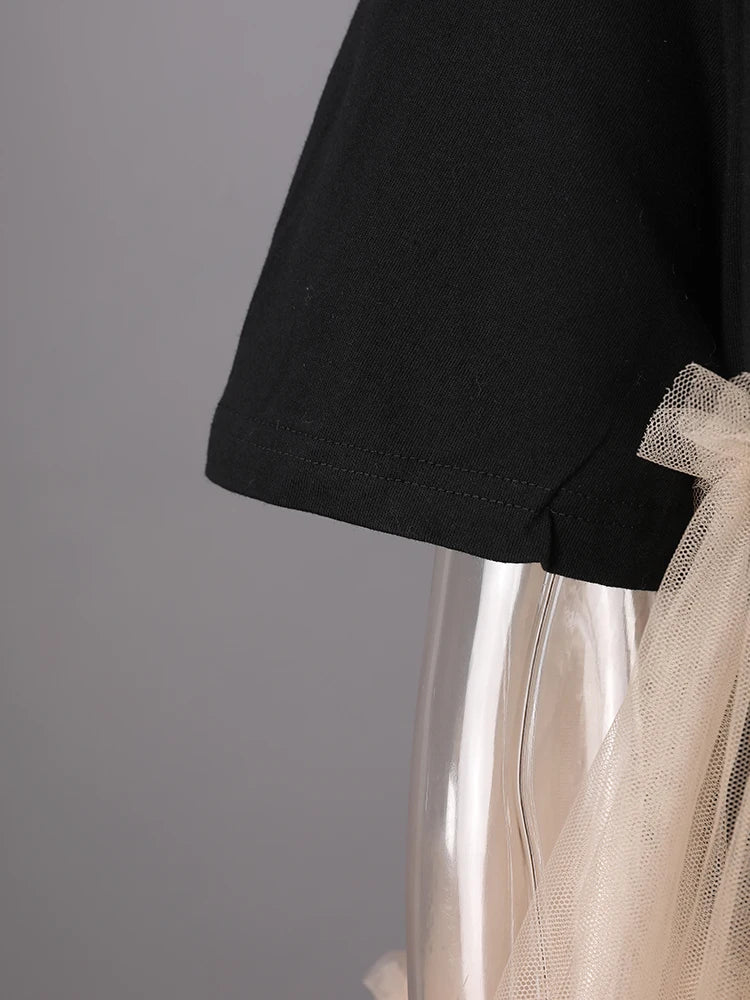 Women Black Mesh Color-block Big Size Knee-Length Dress New Round Neck Short Sleeve Fashion Spring Summer 2025 CPG3040