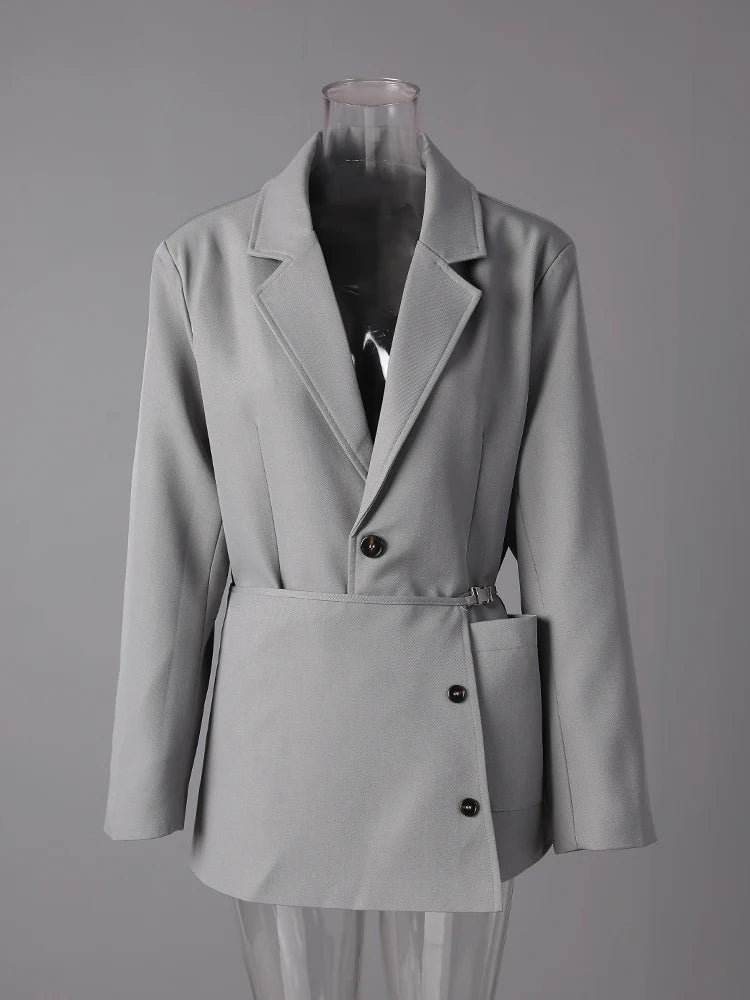 Women Gray Irregular Spliced Big Size Elegant Blazer New Lapel Long Sleeve Jacket Fashion Tide Spring Autumn 2025 7AB8229