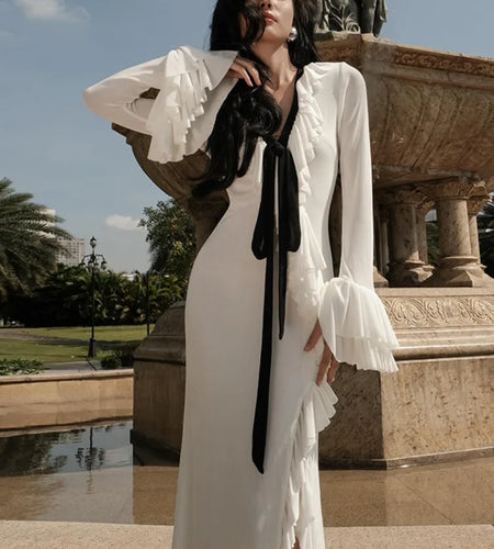 Elegant Long Sleeved Ruffled Slit Dress Women 2024 Winter Sexy V-neck Bodycon Party Evening Dress Holiday Beach Clothing