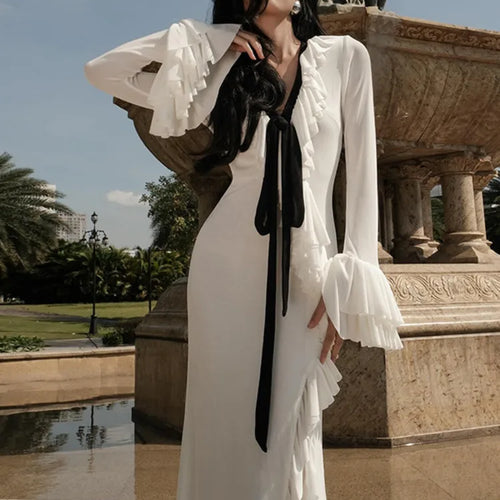 Load image into Gallery viewer, Elegant Long Sleeved Ruffled Slit Dress Women 2024 Winter Sexy V-neck Bodycon Party Evening Dress Holiday Beach Clothing
