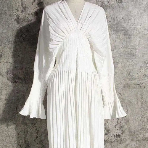 Load image into Gallery viewer, Women White Pleated Elegant Big Size Midi Shirt Dress New V-Neck Long Flare Sleeve Fashion Tide Spring Autumn 2025 1W3260
