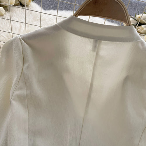 Load image into Gallery viewer, French Vintage Beige Lantern Long Sleeve Shirts For Women Autumn V Collar Pleated Tops Irregular Slim Blouses Fashion Beautiful
