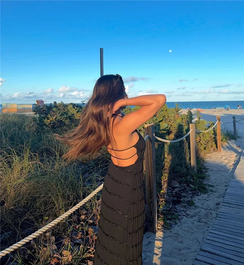 Halter Backless Sexy Maxi Dress For Women Spring Summer New Lace-up Sleeveless Pleated Beach Holiday Long Dress Elegant