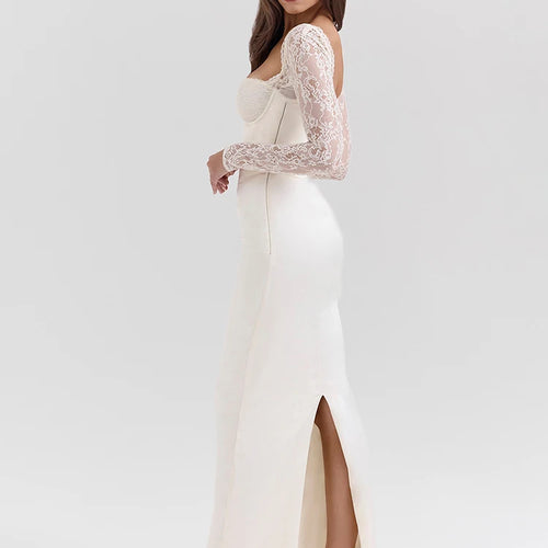 Load image into Gallery viewer, Lace Long Sleeve Sexy Maxi Dress For Women White Square Collar Backless Back Split Bodycon Club Party Long Dress
