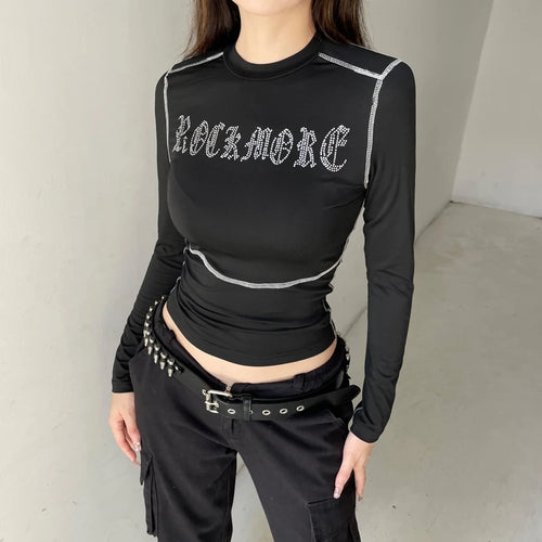 Load image into Gallery viewer, Fashion Line Stitch Skinny Long Sleeve Tee Shirts Women Streetwear Rhinestone Autumn Top T shirts Gothic Outfits Dark
