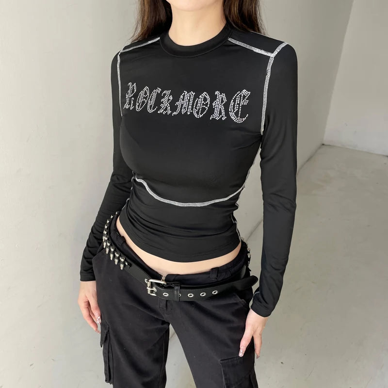 Fashion Line Stitch Skinny Long Sleeve Tee Shirts Women Streetwear Rhinestone Autumn Top T shirts Gothic Outfits Dark