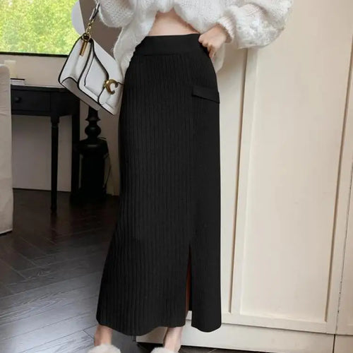 Load image into Gallery viewer, Women Solid Festival Knitted Long Skirt High Waist Slim Autumn Winter Elastic Waist Wrap Hip Split Skirts Fashion Elegant Ladies

