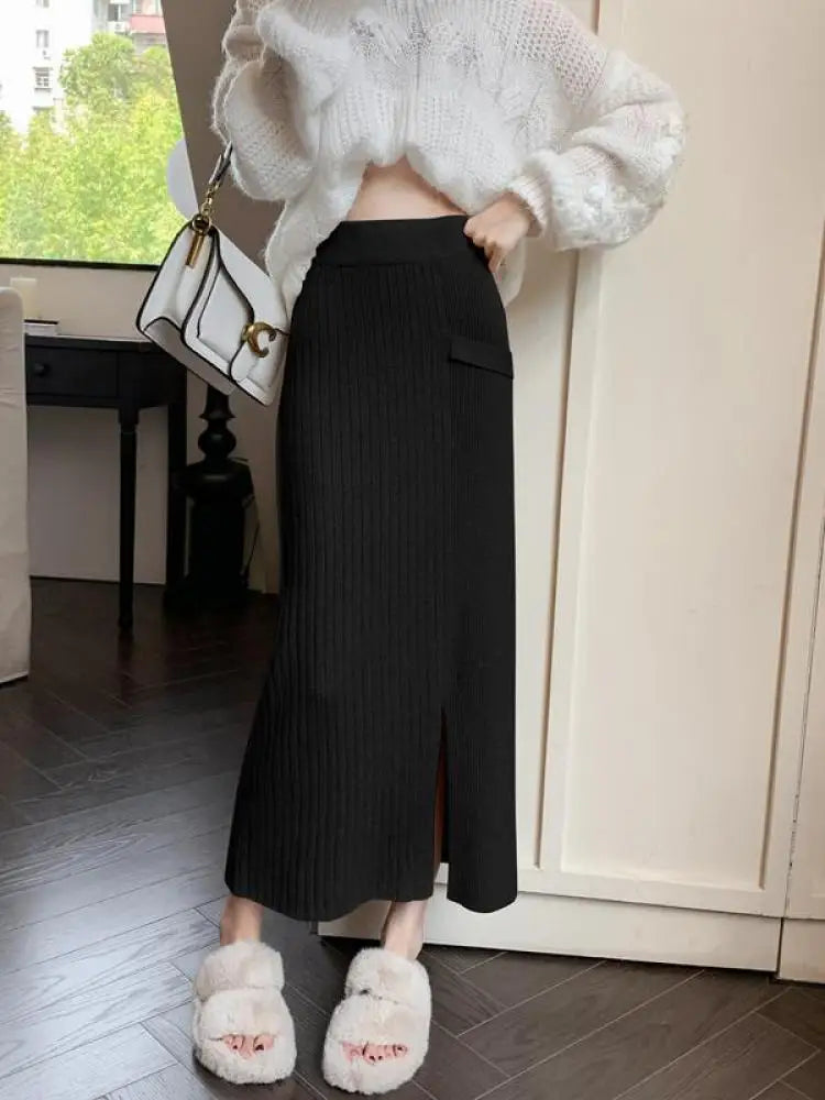 Women Solid Festival Knitted Long Skirt High Waist Slim Autumn Winter Elastic Waist Wrap Hip Split Skirts Fashion Elegant Ladies