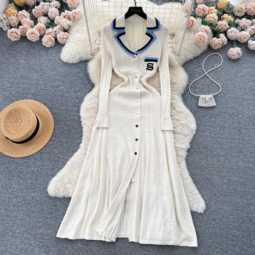 Load image into Gallery viewer, Women Elegant Patchwork Embroidery Knit Sweater Long Dress Autumn Winter Casual Fashion Slim Long Sleeve Button Dresses New 2023
