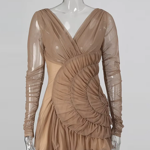 Load image into Gallery viewer, Slimming Sheer Spliced Crimping Sexy Mini Dresses for Women V Neck Long Sleeves Fashion Dress Female Clothing New
