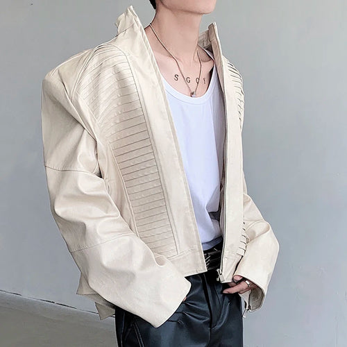 Load image into Gallery viewer, Niche Style Men&#39;s Jackets PU Leather Shoulder Padded Wrinkle Short Coats Stand Collar Zippers Male Clothing Stylish 9C6668
