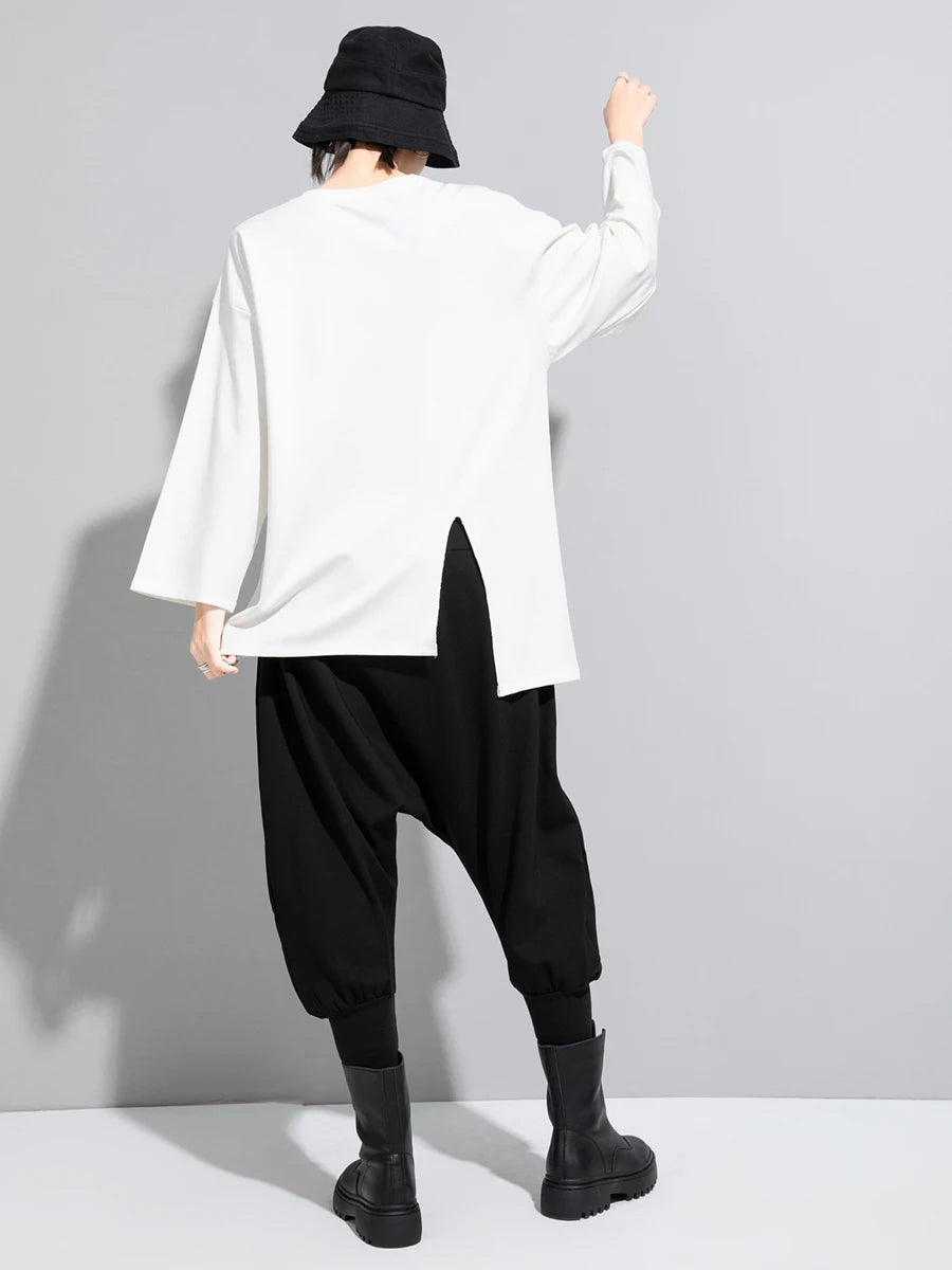 Women Black Asymmetrical Stitch Big Size T-shirt New Round Neck Long Sleeve  Fashion Tide  Spring Autumn 2025 1S190