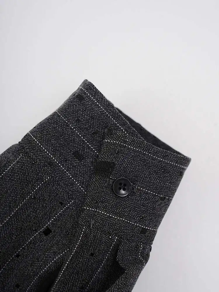 Women Dark Gray Striped Big Size Rhinestones Blouse New Lapel Long Sleeve Shirt Fashion Tide Spring Autumn 2025 CPG2428